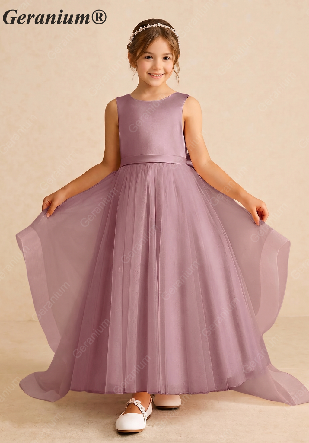 Geranium Elegant Dusty Lavender Satin Flower Girl Dress - Layered Tiered Train & Detachable Bow Back KD-189