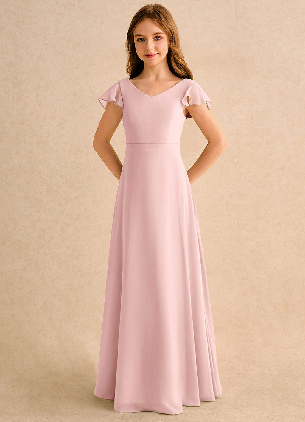 Geranium Blush Pink Chiffon Junior Bridesmaid Dress with Flutter Sleeves & Crisscross Back KD-147