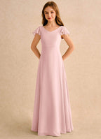 Geranium Blush Pink Chiffon Junior Bridesmaid Dress with Flutter Sleeves & Crisscross Back KD-147