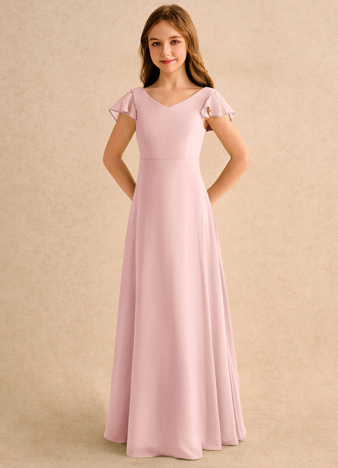 Geranium Blush Pink Chiffon Junior Bridesmaid Dress with Flutter Sleeves & Crisscross Back KD-147