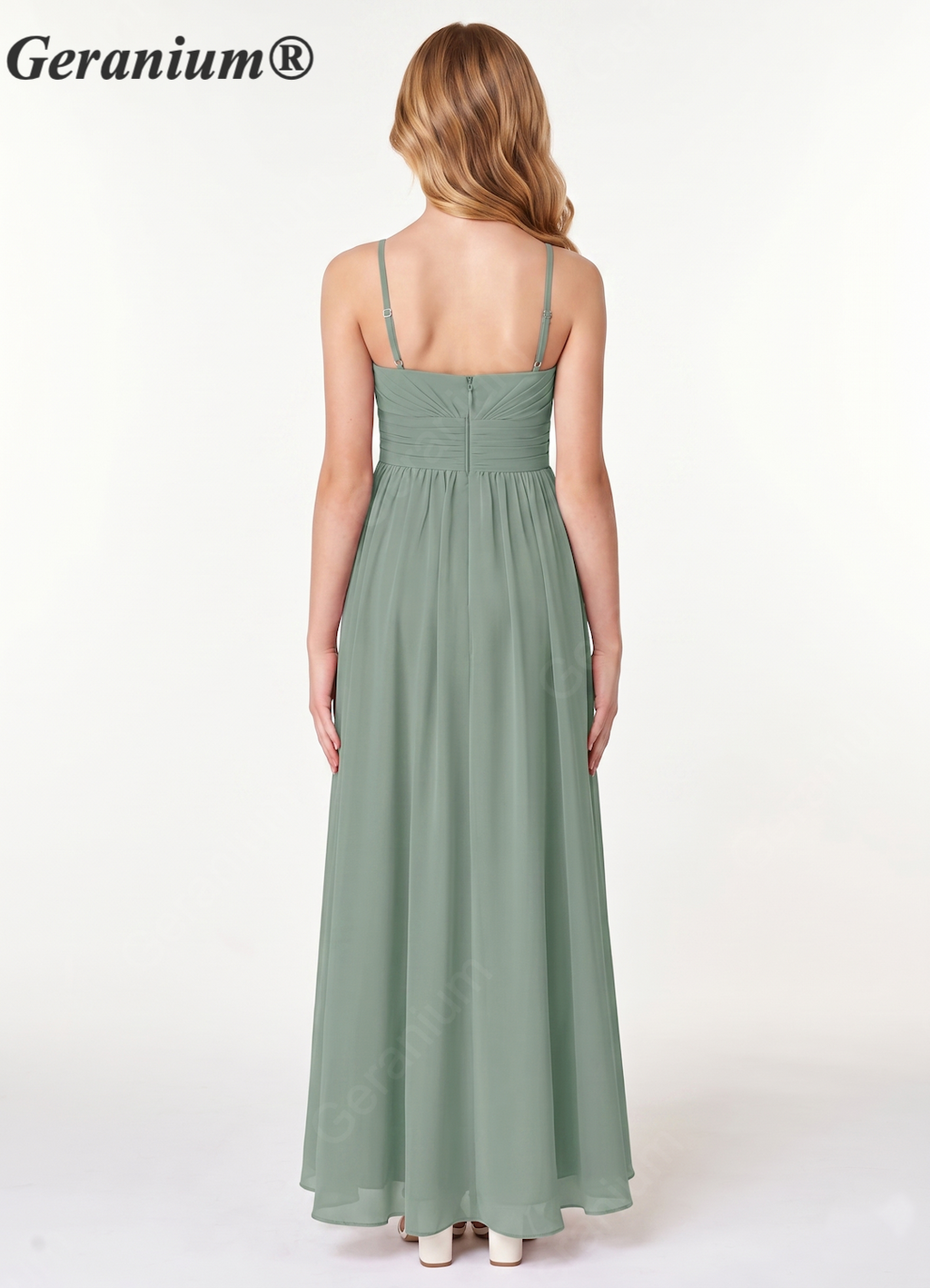 Geranium Sage Green Junior Bridesmaid Dress Spaghetti Strap Chiffon High Low A-Line Flower Waist Formal Dress for Girls KD-63