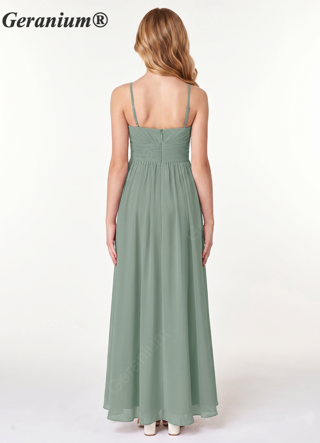 Geranium Sage Green Junior Bridesmaid Dress Spaghetti Strap Chiffon High Low A-Line Flower Waist Formal Dress for Girls KD-63
