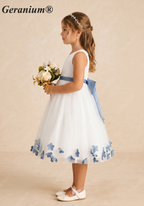 Geranium Elegant White Tulle Flower Girl Dress with Dusty Blue 3D Butterfly Appliqués & Oversized Removable Bow KD-202