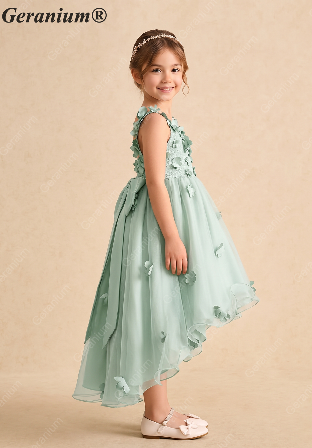 Geranium Sage Green 3D Floral Applique Flower Girl Dress - High-Low Tulle Skirt with Detachable Bow KD-269
