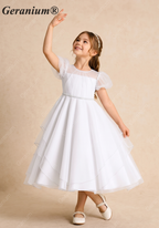 Geranium Elegant Tiered Tulle Flower Girl Dress with Puff Sleeves & Crystal Belt KD-207