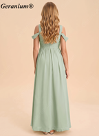 Geranium Sweetheart Cold Shoulder Ruched Sage Green Chiffon A-Line Junior Bridesmaid Dress for Teen Girls - Floor Length KD-141