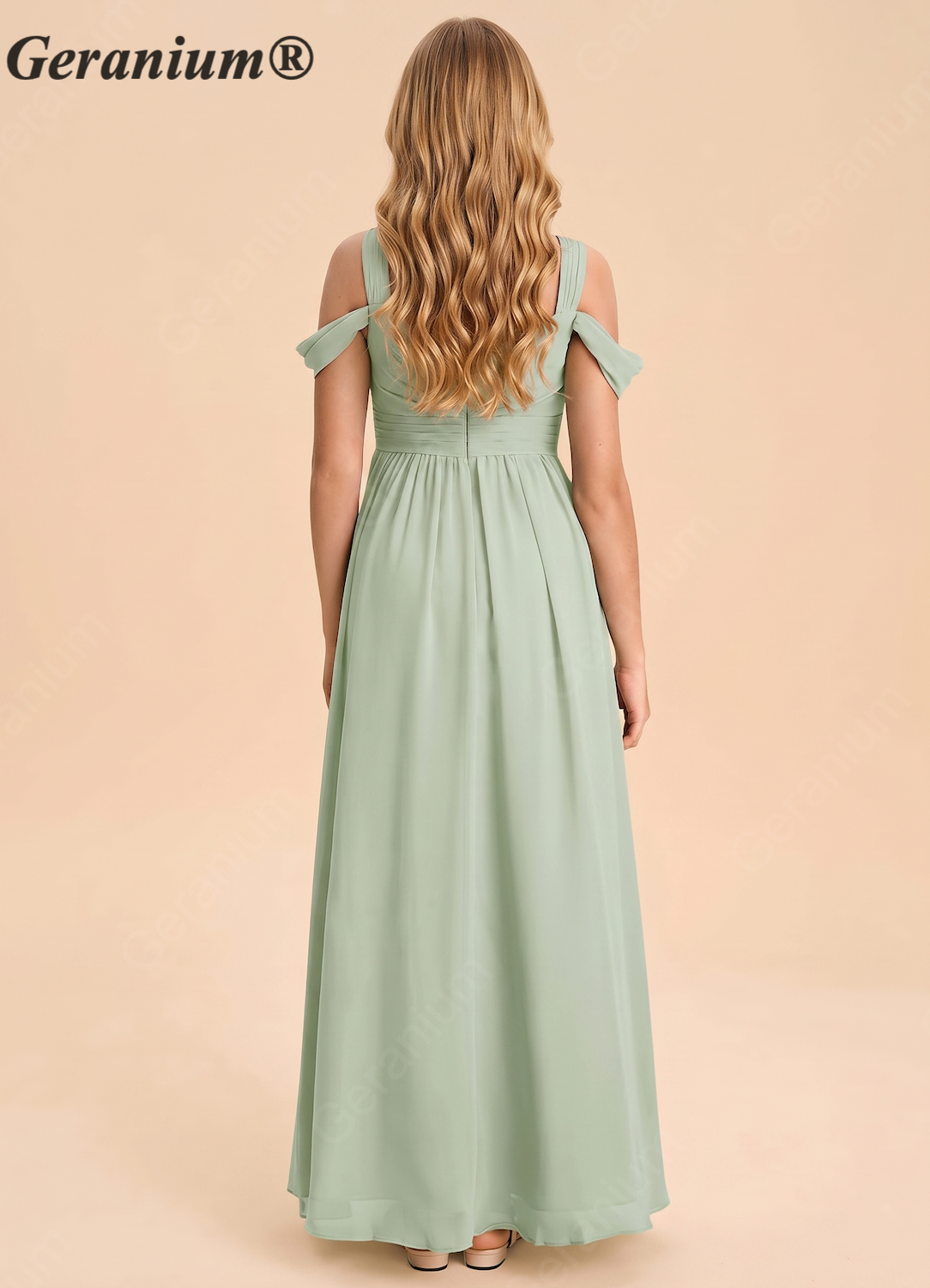 Geranium Sweetheart Cold Shoulder Ruched Sage Green Chiffon A-Line Junior Bridesmaid Dress for Teen Girls - Floor Length KD-141