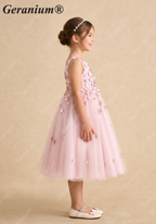 Geranium 3D Floral Applique Flower Girl Dress - Dusty Pink Tulle Princess Gown for Weddings & Birthdays KD-210