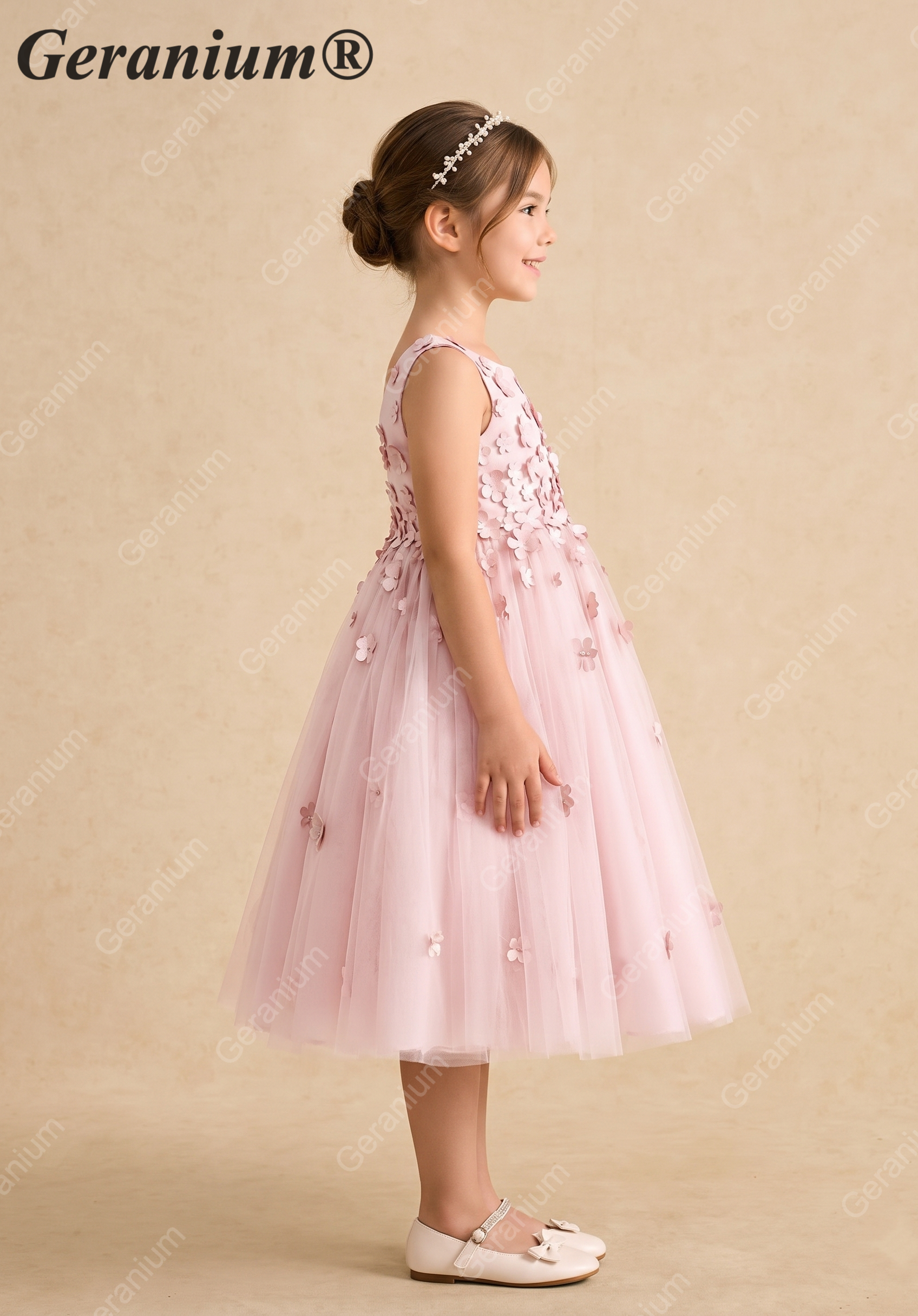 Geranium 3D Floral Applique Flower Girl Dress - Dusty Pink Tulle Princess Gown for Weddings & Birthdays KD-210