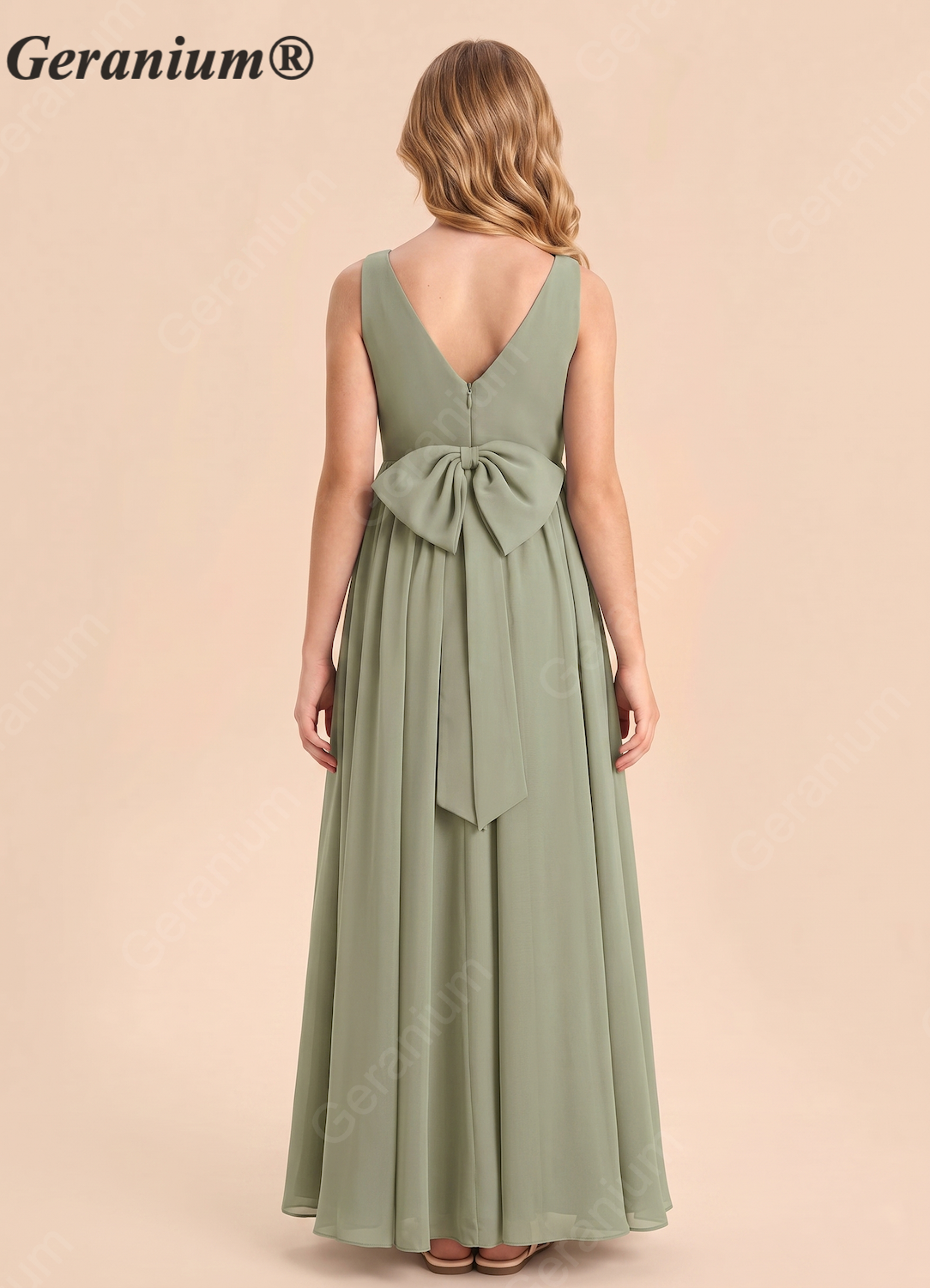 Geranium Elegant Sage Green Chiffon Floor-Length Bridesmaid Dress - V-Neck A-Line Gown with Large Back Bow, for Weddings and Formal Occasions KD-73