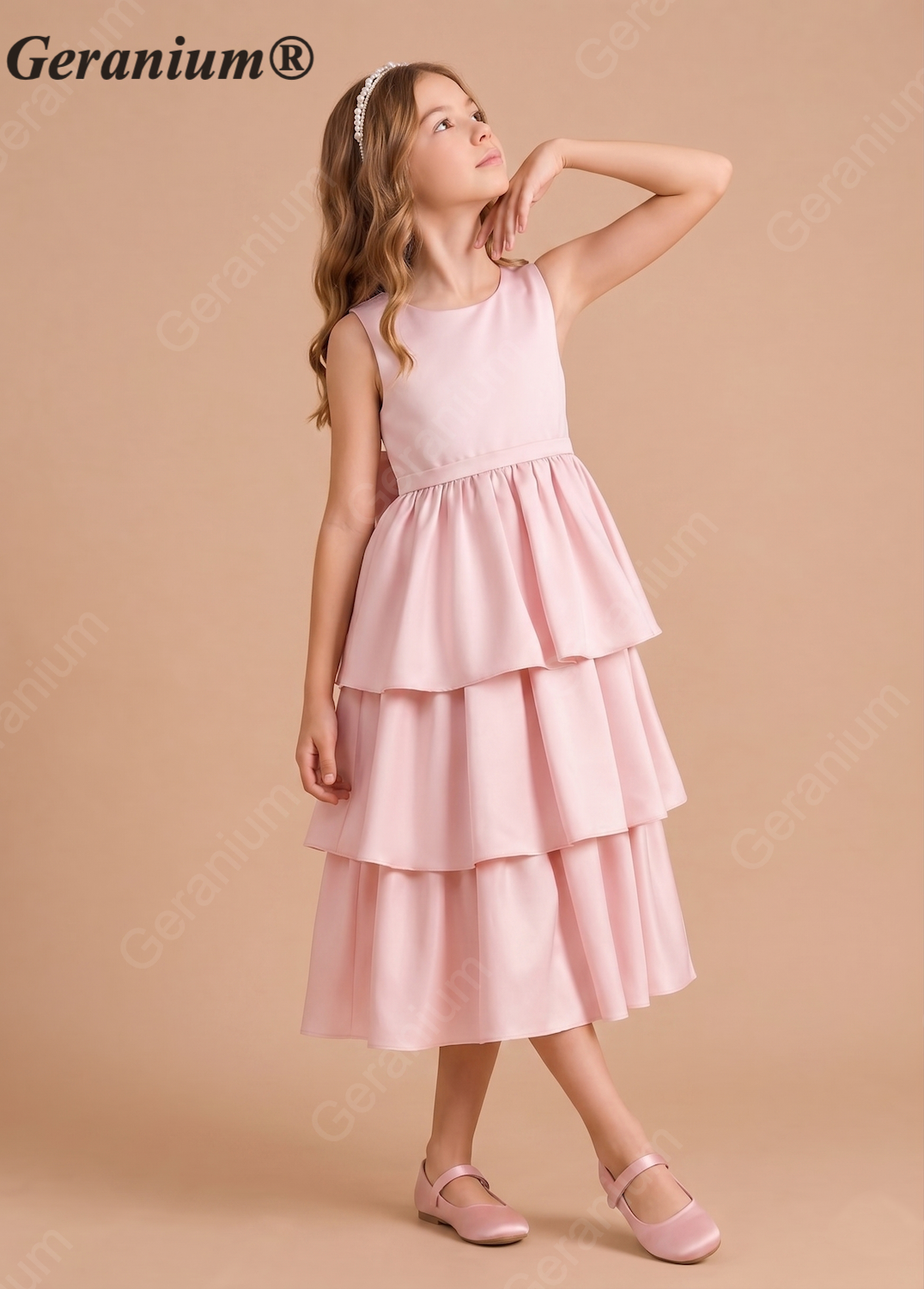 Geranium Girls Elegant Sleeveless Tiered Satin Party Dress with Big Bow KD-188J
