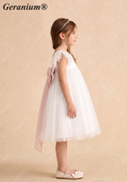 Geranium Elegant White Tulle Flower Girl Dress with Detachable Oversized Pink Back Bow - Flutter Sleeve Princess Gown KD-213