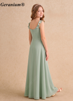 Geranium Sage Green Chiffon Junior Bridesmaid Dress with Ruffle Straps – Elegant Floor-Length Flower Girl Dress KD-169