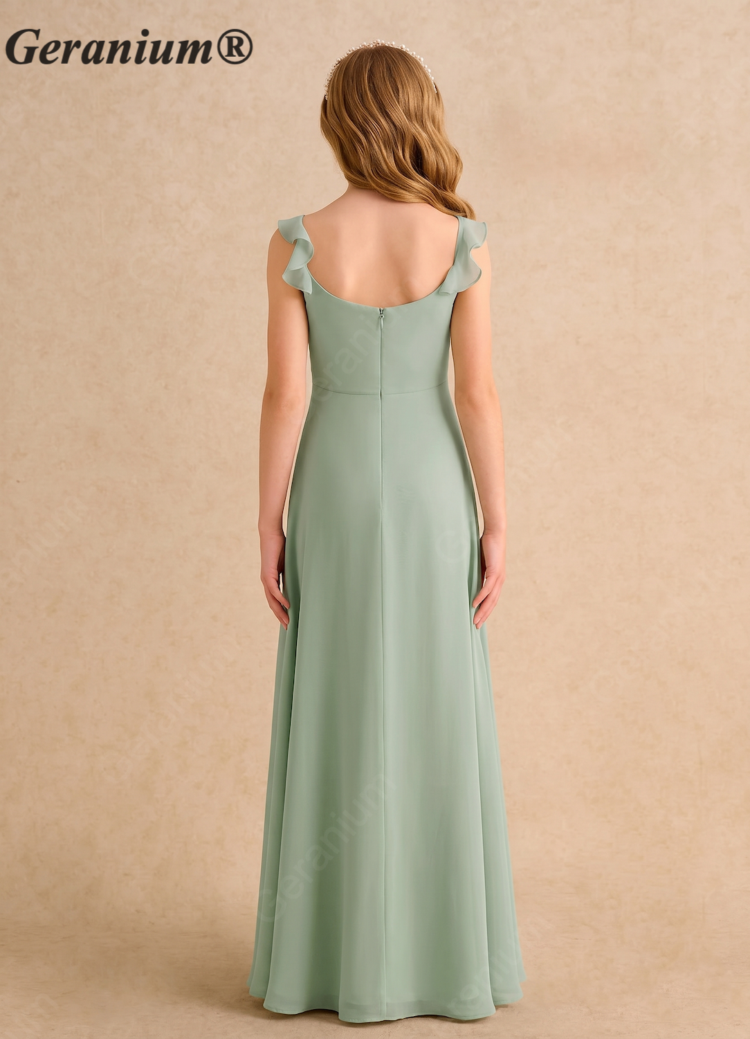 Geranium Sage Green Chiffon Junior Bridesmaid Dress with Ruffle Straps – Elegant Floor-Length Flower Girl Dress KD-169