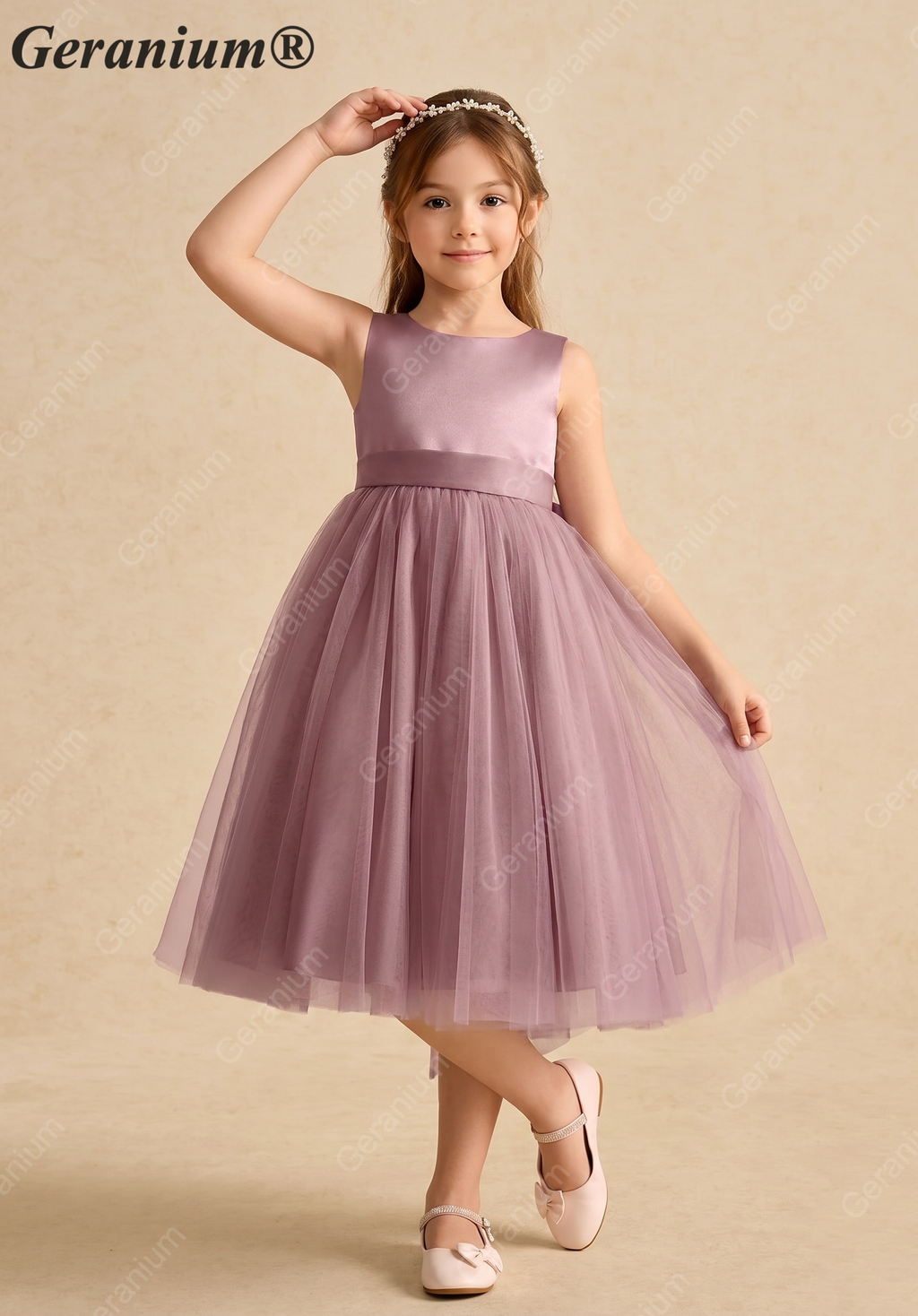 Geranium Elegant Girls' Mauve Satin & Tulle Party Dress with Oversized Detachable Back Bow KD-185