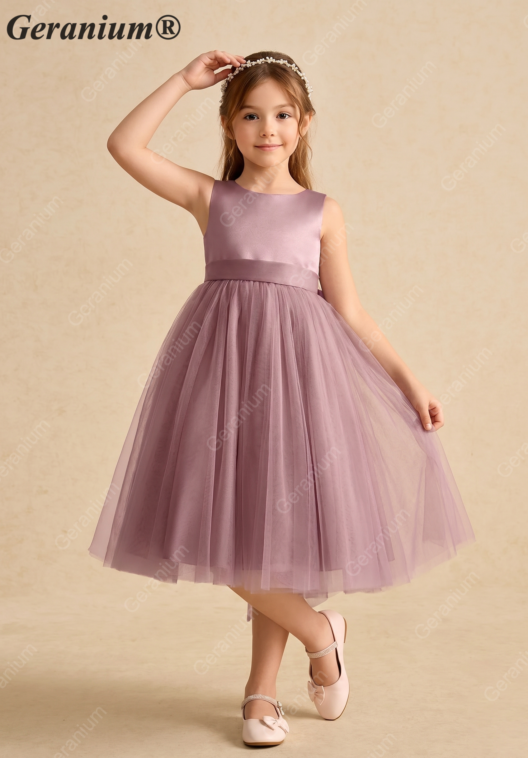 Geranium Elegant Girls' Mauve Satin & Tulle Party Dress with Oversized Detachable Back Bow KD-185