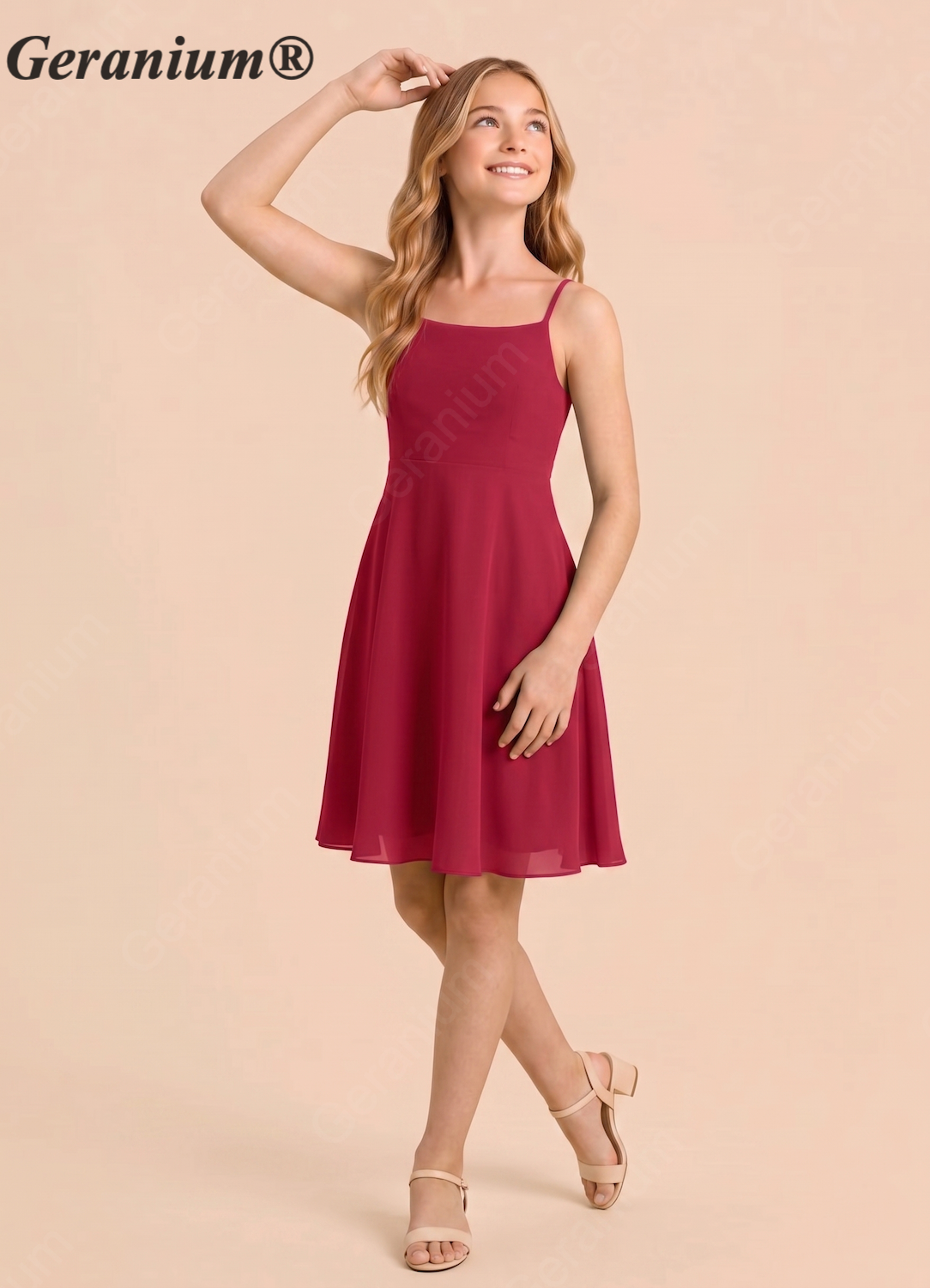 Geranium Elegant Spaghetti Strap A-Line Knee-Length Chiffon Dress with Open Back Bow – Junior Bridesmaid / Party Dress KD-108 Secondary image