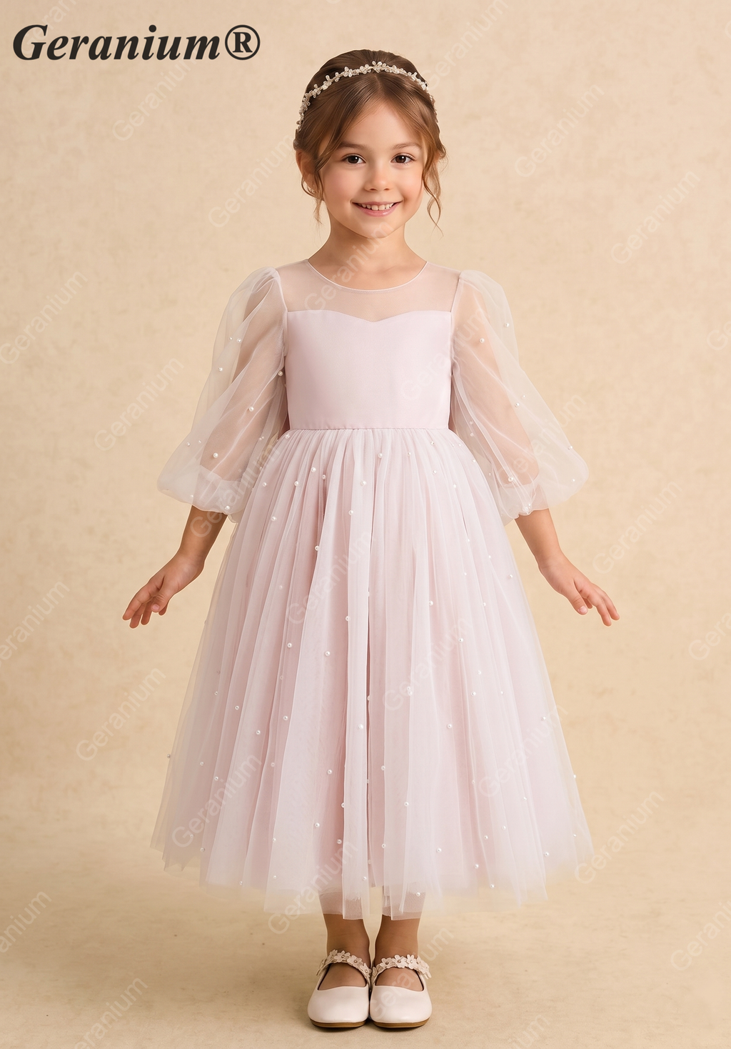 Geranium Girls Pink Pearl Tulle Princess Dress - Backless Party Gown with Oversized Bow & Puff Sleeves KD-293