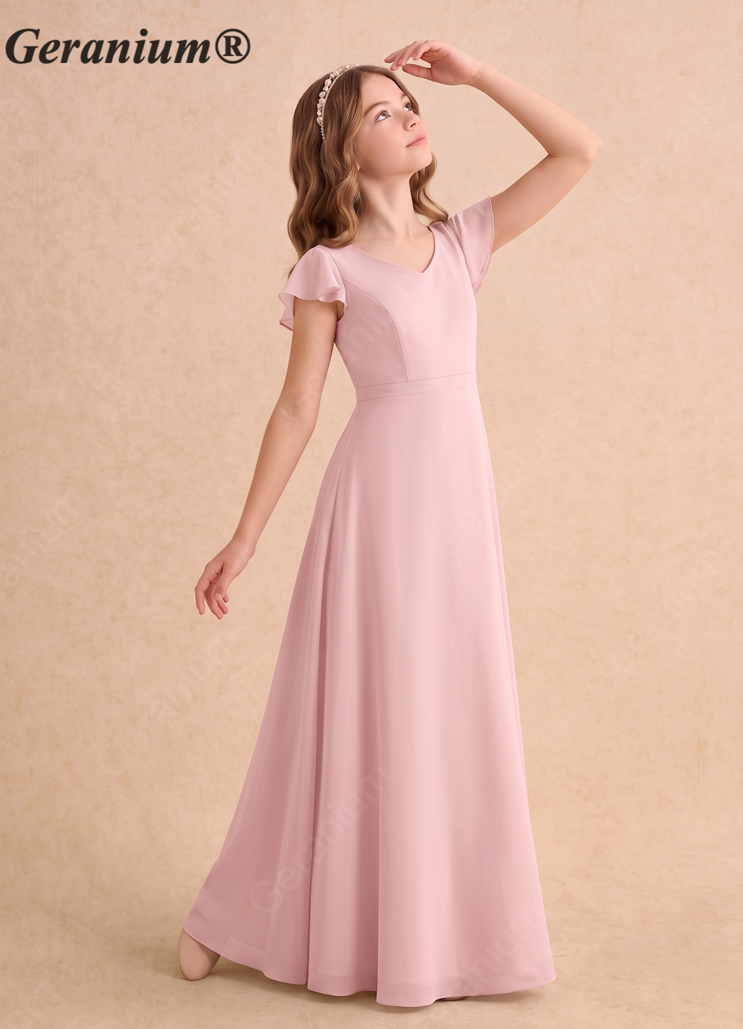 Geranium Elegant Chiffon Flutter Sleeve Junior Bridesmaid Dress with Criss-Cross Back KD-147 Secondary image