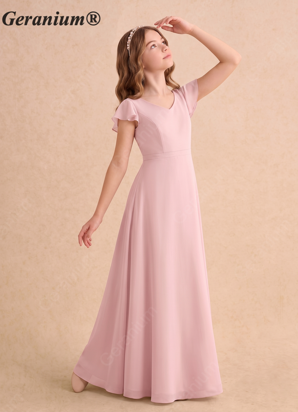 Geranium Elegant Chiffon Flutter Sleeve Junior Bridesmaid Dress with Criss-Cross Back KD-147