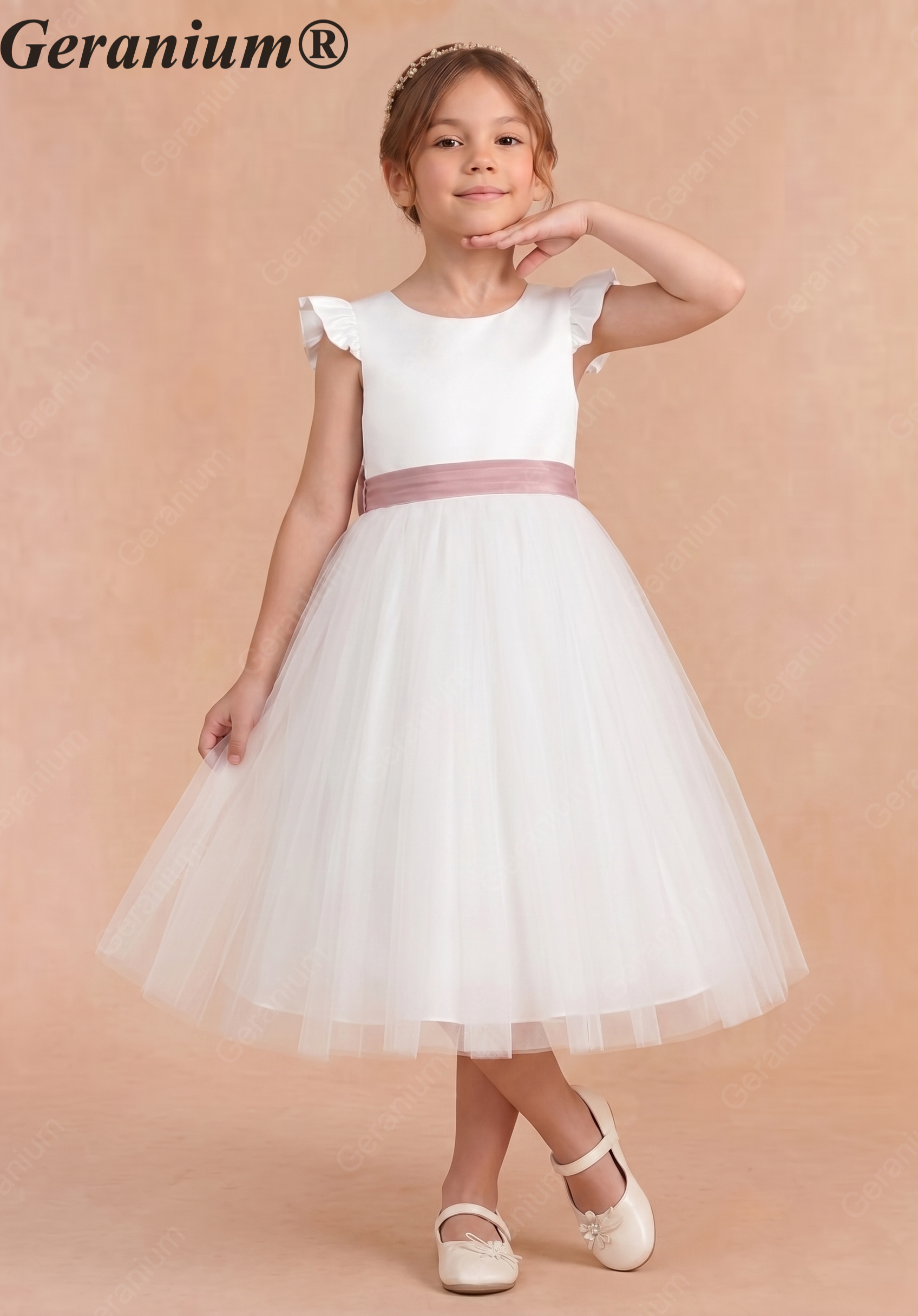 Geranium Elegant White Flower Girl Dress - Ruffle Cap Sleeve Tulle A-Line Party Gown with Optional Mauve Sash KD-272