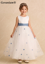 Geranium Elegant White Tulle Flower Girl Dress with Light Blue Ruched Sash and 3D Floral Appliques KD-265
