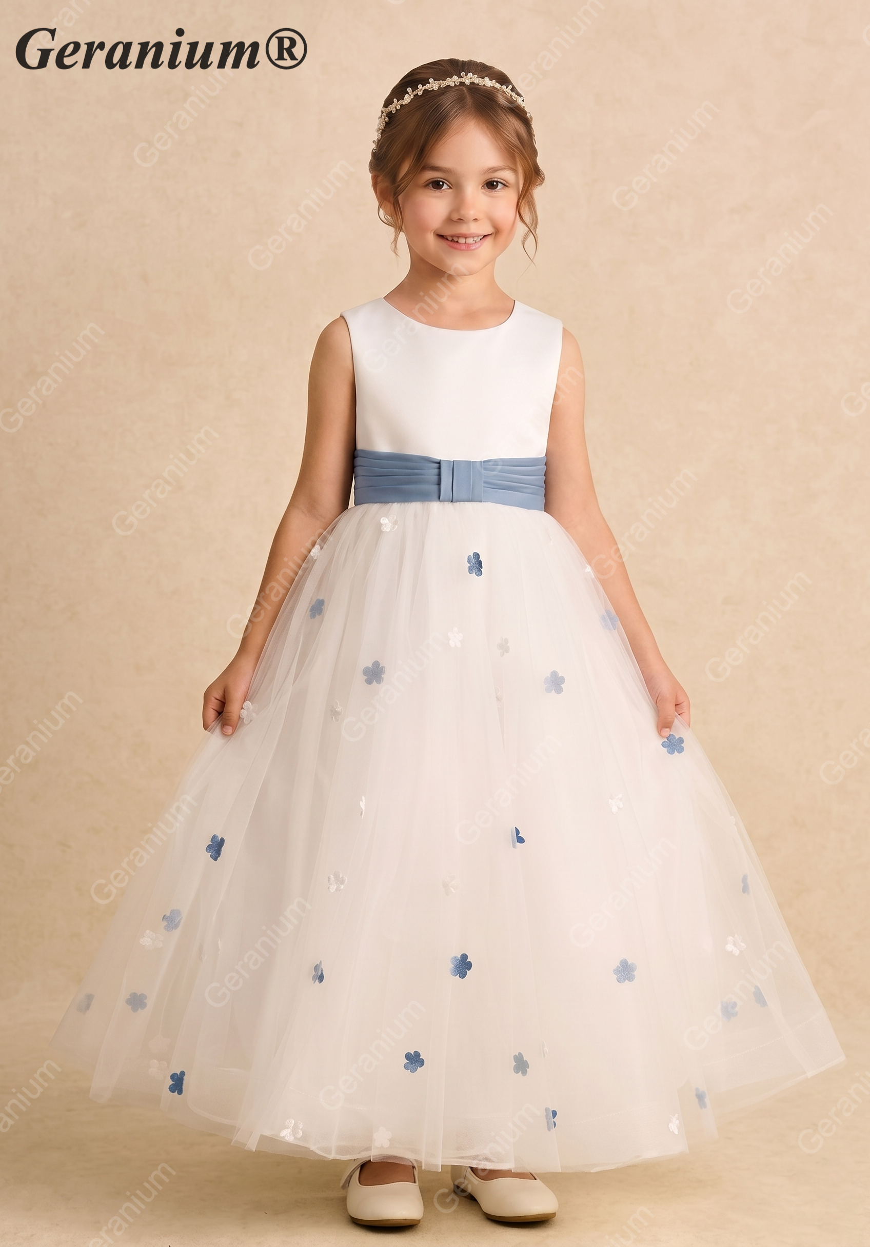 Geranium Elegant White Tulle Flower Girl Dress with Light Blue Ruched Sash and 3D Floral Appliques KD-265