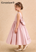 Geranium Elegant Pink Satin Flower Girl Dress with Pearl Neckline & Oversized Back Bow - Sleeveless A-Line Princess Gown KD-246