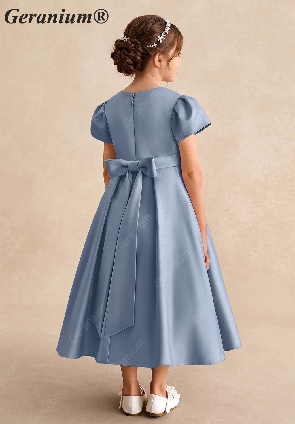 Geranium Elegant Dusty Blue Satin Flower Girl Dress - Puffy Short Sleeve Princess Gown with Back Bow KD-191