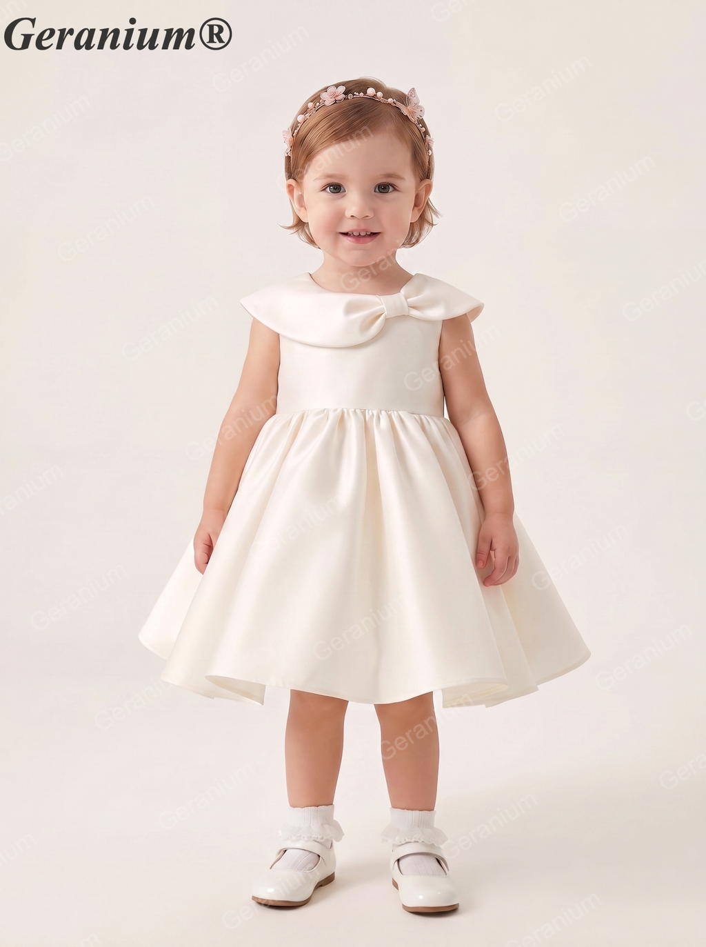 Geranium Elegant Satin Flower Girl Dress - Vintage Portrait Collar with Bow Gown - Ivory Toddler Party Dress KD-368