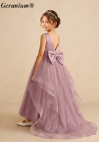 Geranium Elegant Dusty Lavender Satin Flower Girl Dress - Layered Tiered Train & Detachable Bow Back KD-189