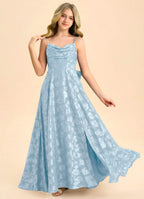 Geranium Dusty Blue Jacquard A-Line Long Dress with Bow Back – Spaghetti Strap Elegant Teen Formal Dress KD-76