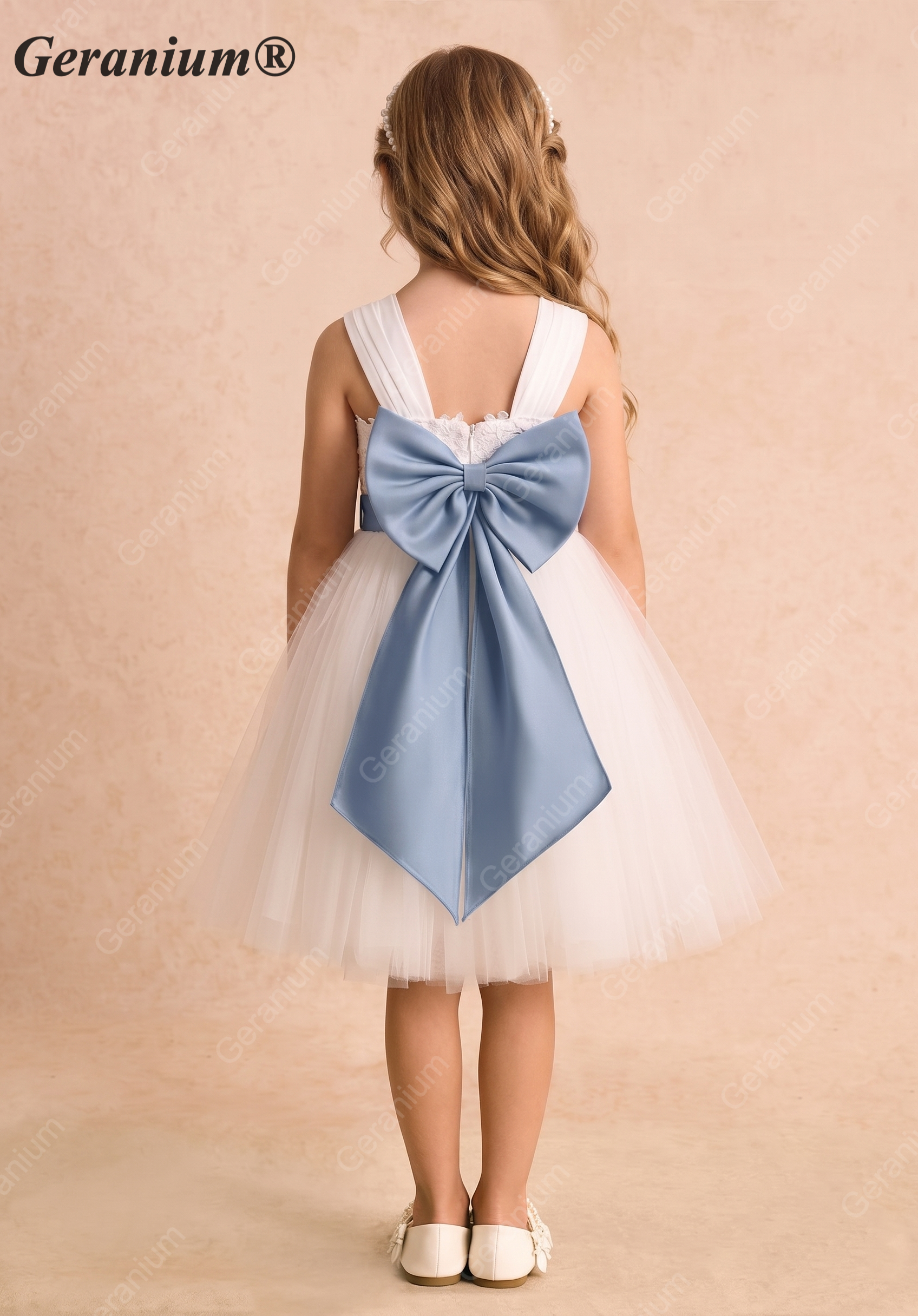 Geranium Floral Lace Tulle Flower Girl Dress with Removable Oversized Back Bow KD-281