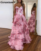 GERANIUM Strapless Floral Corset Tiered Ruffle Prom Dress GER693P
