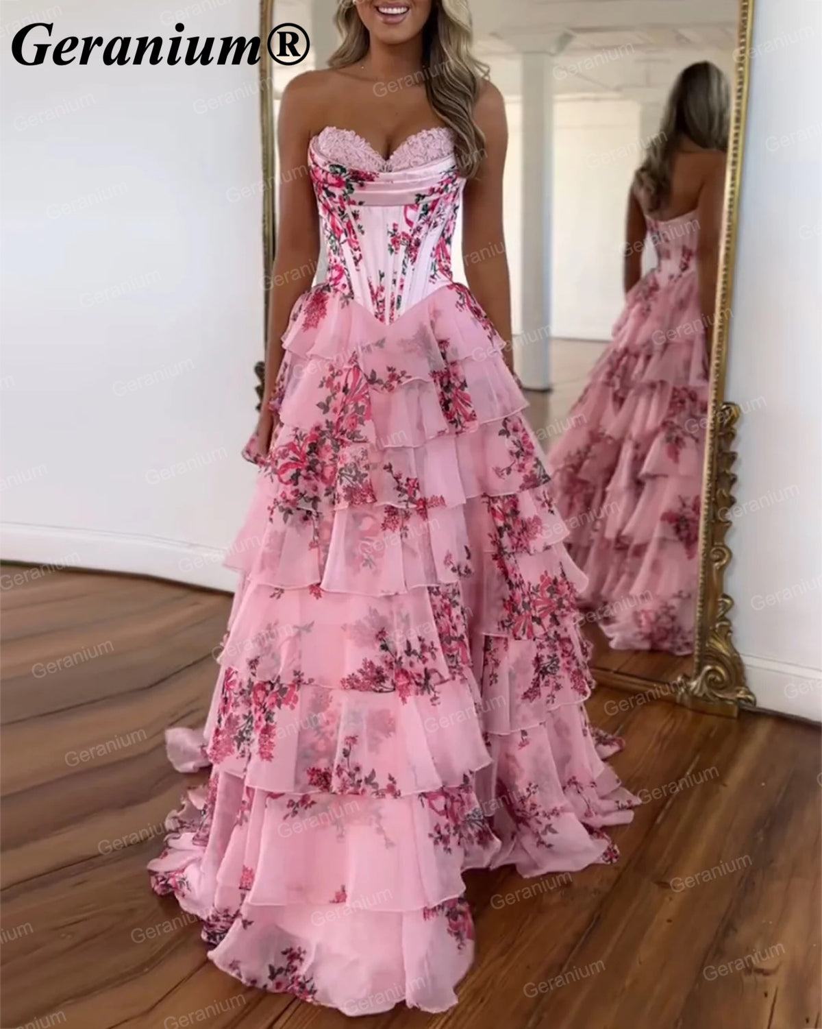 GERANIUM Strapless Floral Corset Tiered Ruffle Prom Dress GER693P