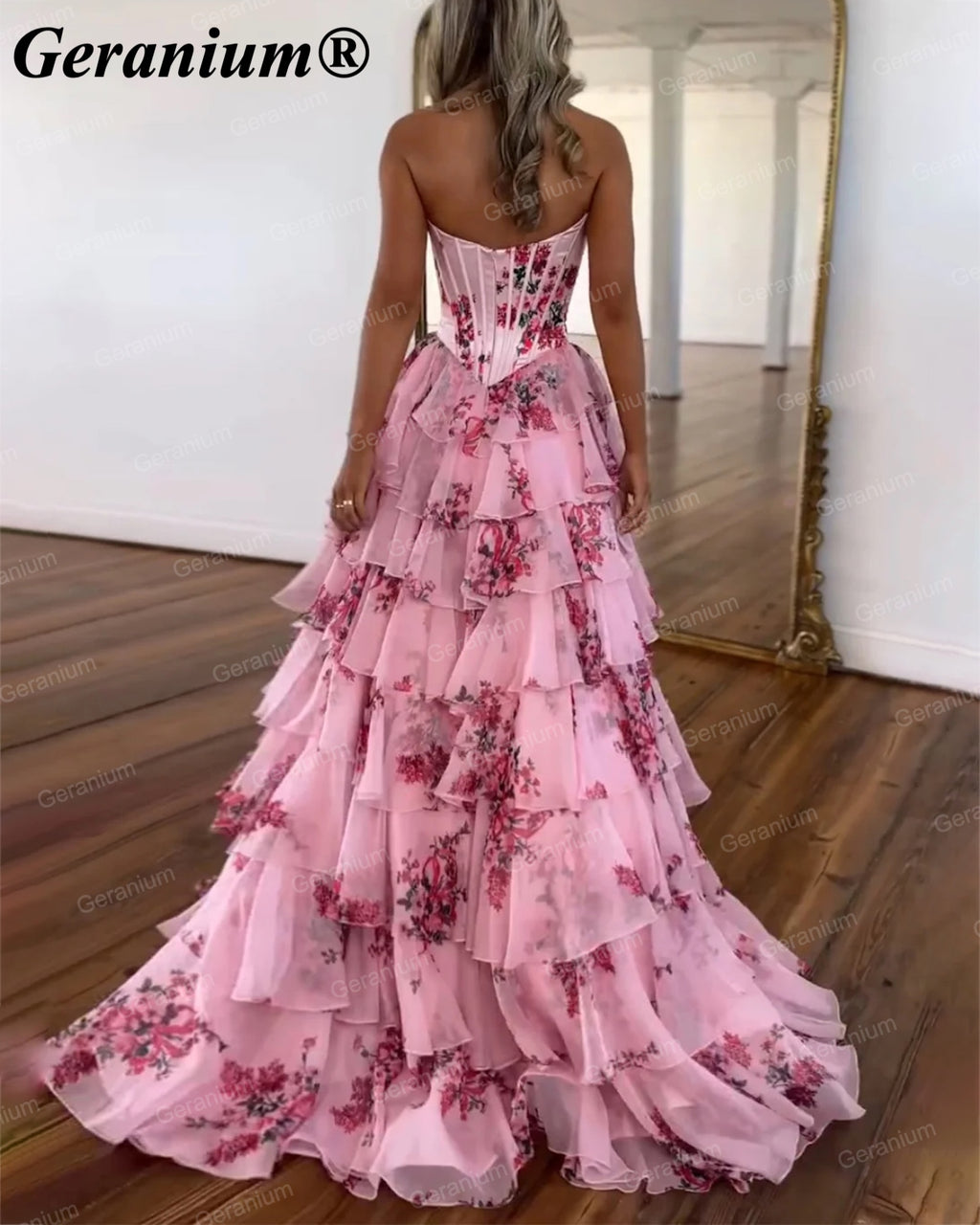 GERANIUM Strapless Floral Corset Tiered Ruffle Prom Dress GER693P