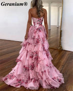 GERANIUM Strapless Floral Corset Tiered Ruffle Prom Dress GER693P