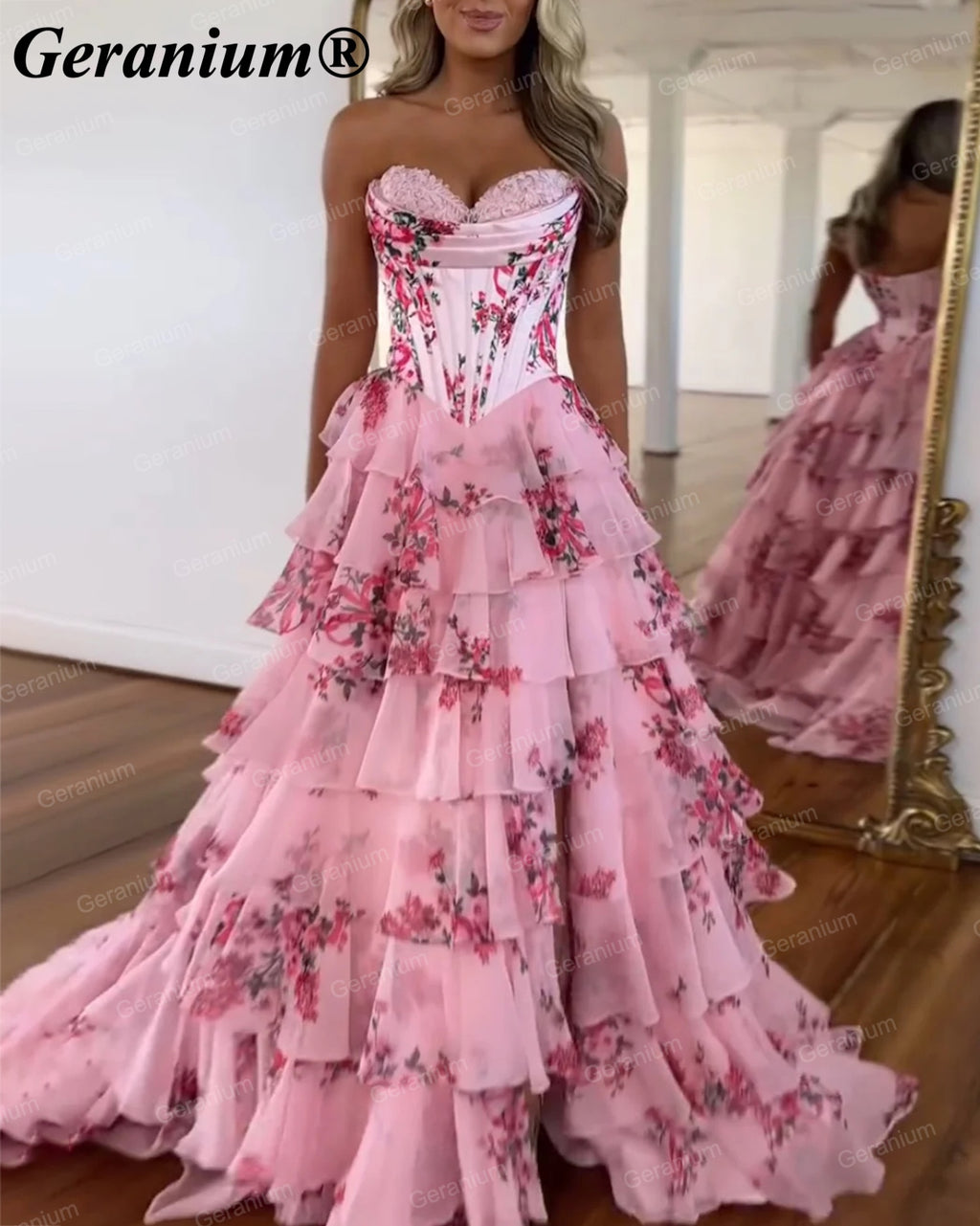 GERANIUM Strapless Floral Corset Tiered Ruffle Prom Dress GER693P