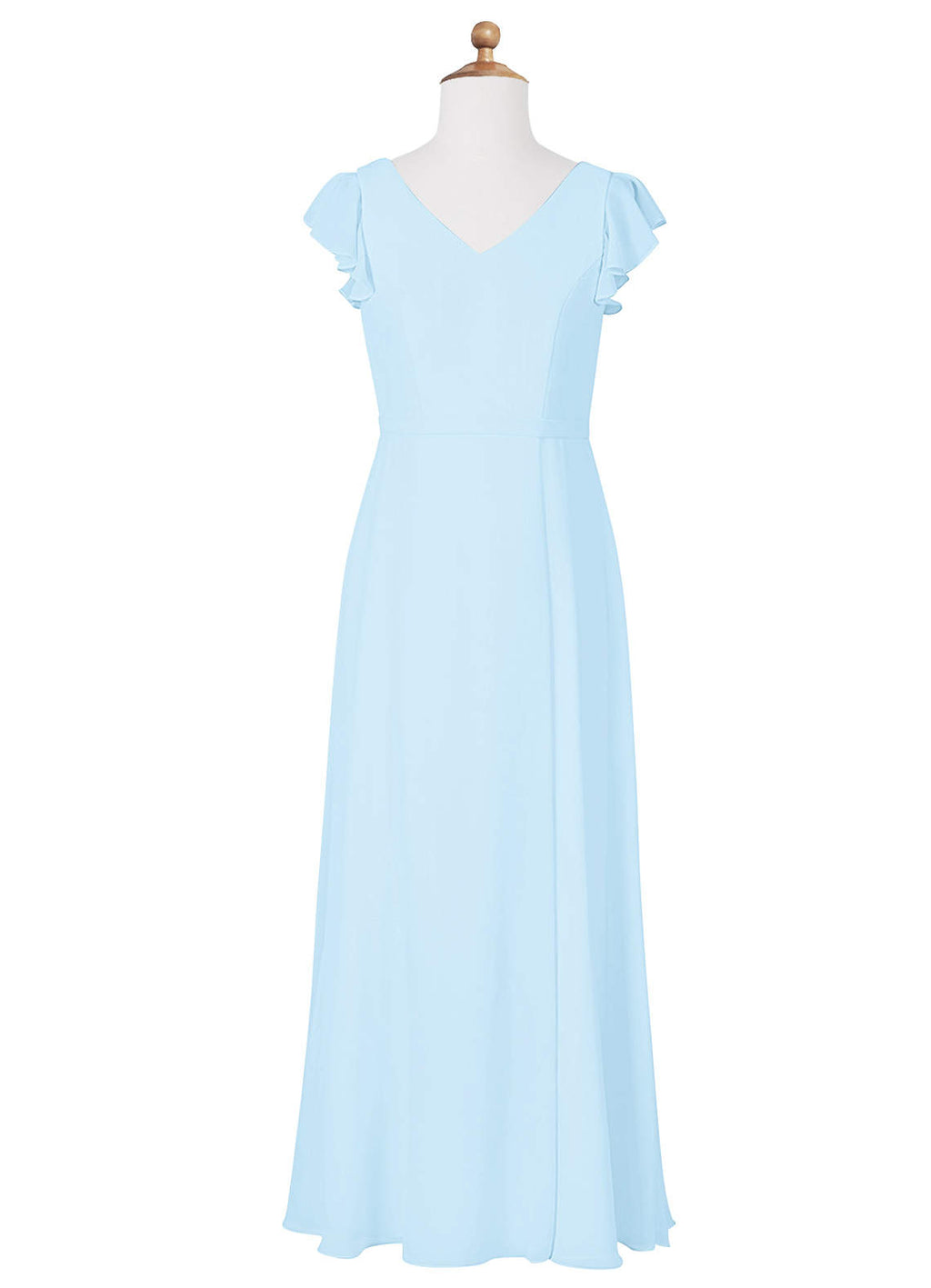 Geranium Light Blue Junior Bridesmaid Dress with Flutter Sleeves V-Neck Chiffon Floor-Length Dress with Slit KD-84