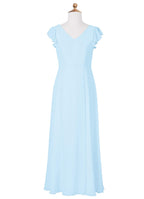Geranium Light Blue Junior Bridesmaid Dress with Flutter Sleeves V-Neck Chiffon Floor-Length Dress with Slit KD-84