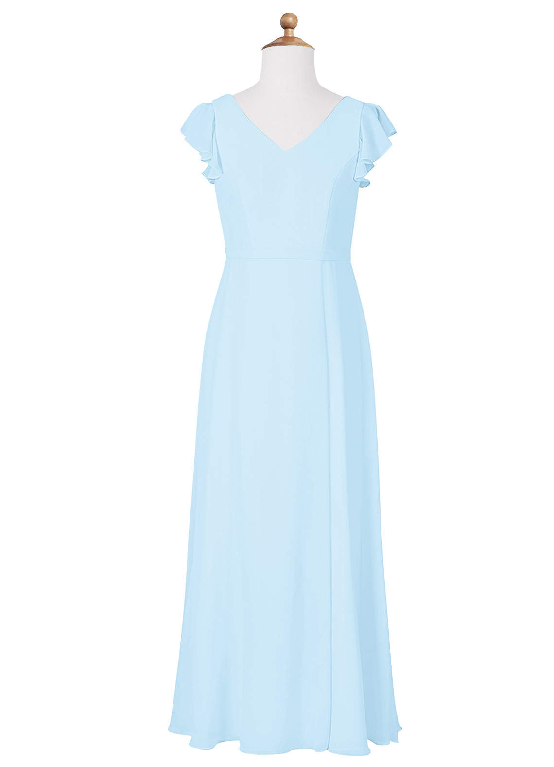 Geranium Light Blue Junior Bridesmaid Dress with Flutter Sleeves V-Neck Chiffon Floor-Length Dress with Slit KD-84