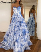 Geranium Blue Floral Strapless Corset Ball Gown – GER686P