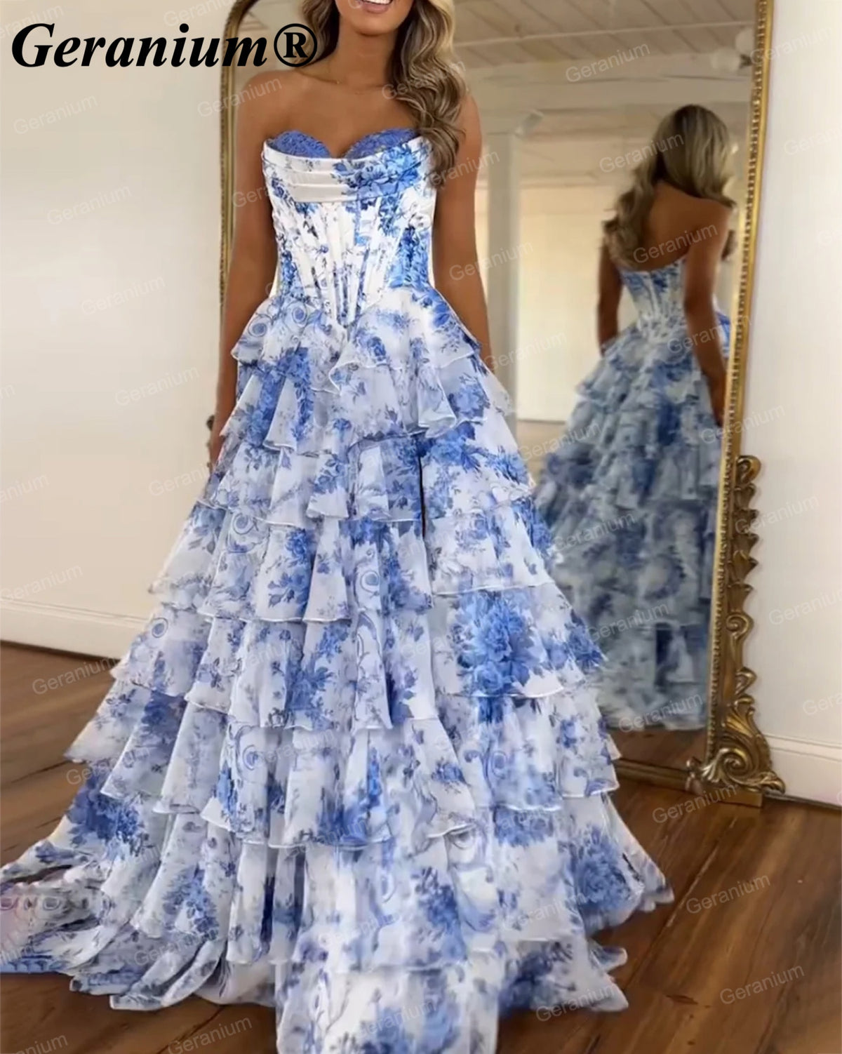 Geranium Blue Floral Strapless Corset Ball Gown – GER686P