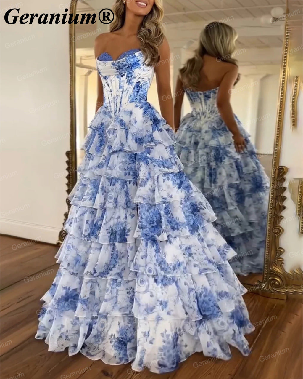 Geranium Blue Floral Strapless Corset Ball Gown – GER686P