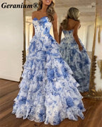Geranium Blue Floral Strapless Corset Ball Gown – GER686P