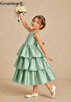 Geranium Girls Mint Green Satin Tiered Ruffle Dress - Oversized Back Bow Flower Girl Gown KD-204