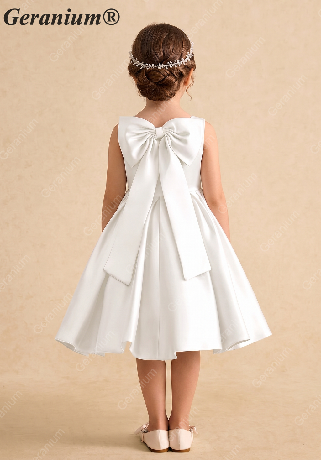 Geranium Elegant Big Bow Flower Girl Dress - Pure White Satin A-Line Princess Gown for Weddings & Birthdays KD-230