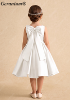 Geranium Elegant Big Bow Flower Girl Dress - Pure White Satin A-Line Princess Gown for Weddings & Birthdays KD-230