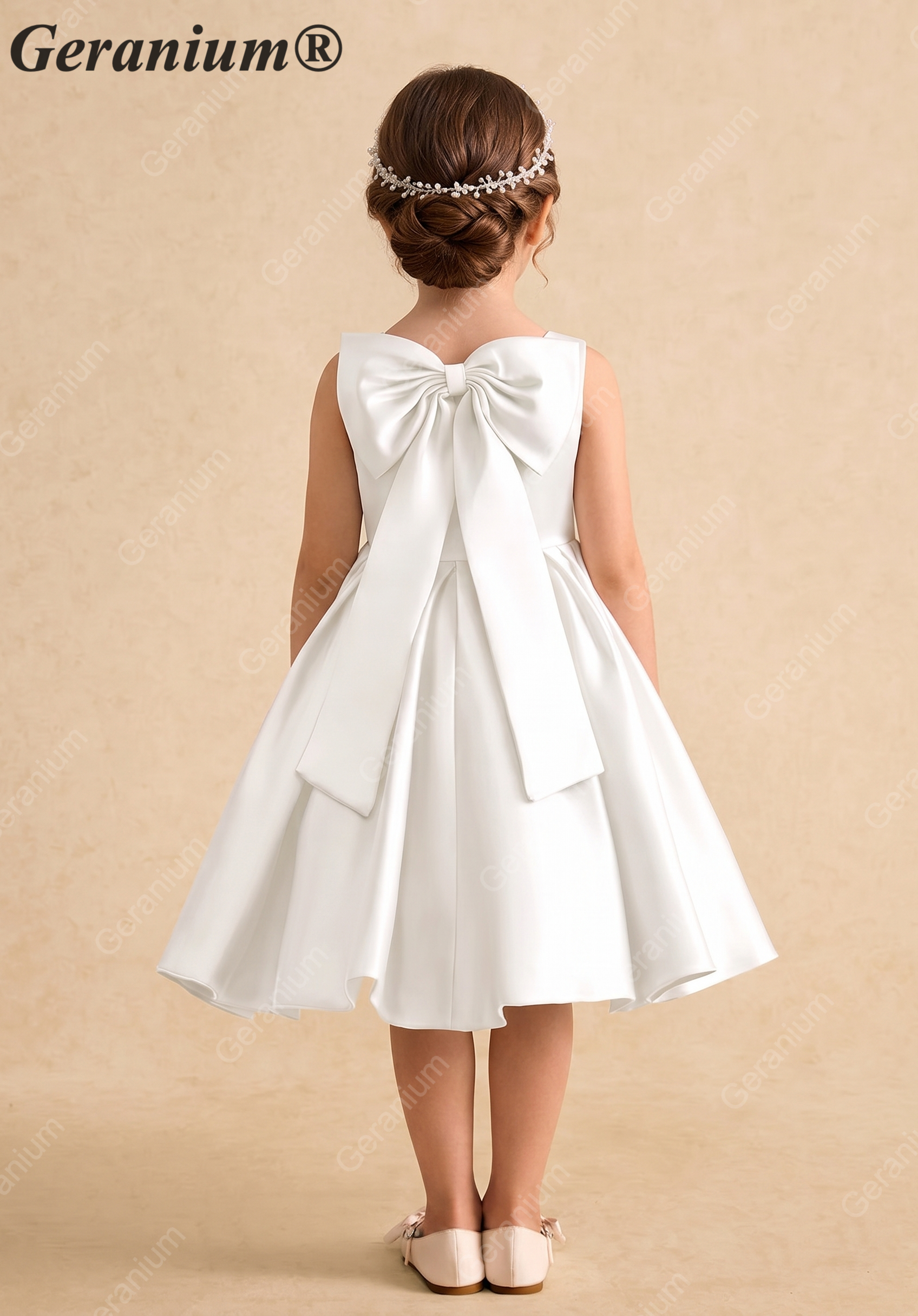 Geranium Elegant Big Bow Flower Girl Dress - Pure White Satin A-Line Princess Gown for Weddings & Birthdays KD-230