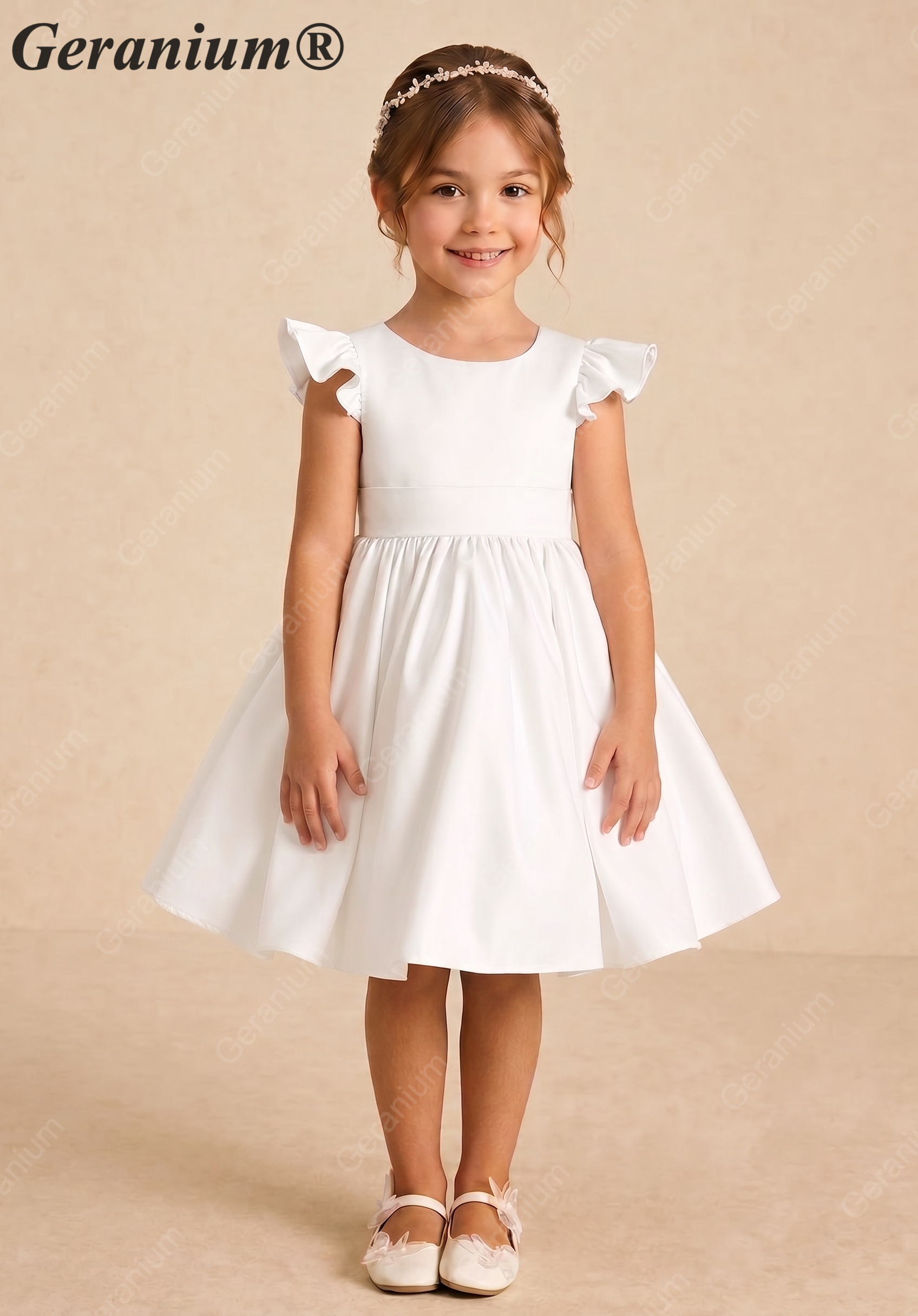 Geranium Elegant Flutter Sleeve Satin Flower Girl Dress with Oversized Back Bow - Ball Gown for Weddings & Communtions KD-280 Secondary image